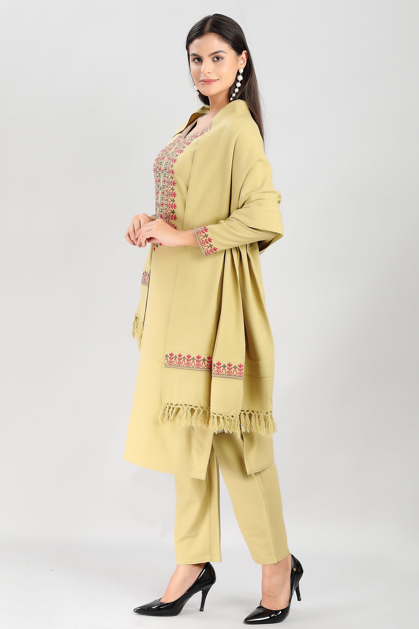 Elegant Mustard Yellow 3-Piece Suit Set with Traditional Red Embroidery