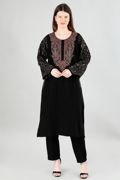 Black Kashmiri Aari Embroidered Woollen Pheran – Traditional Winter Wear for Women