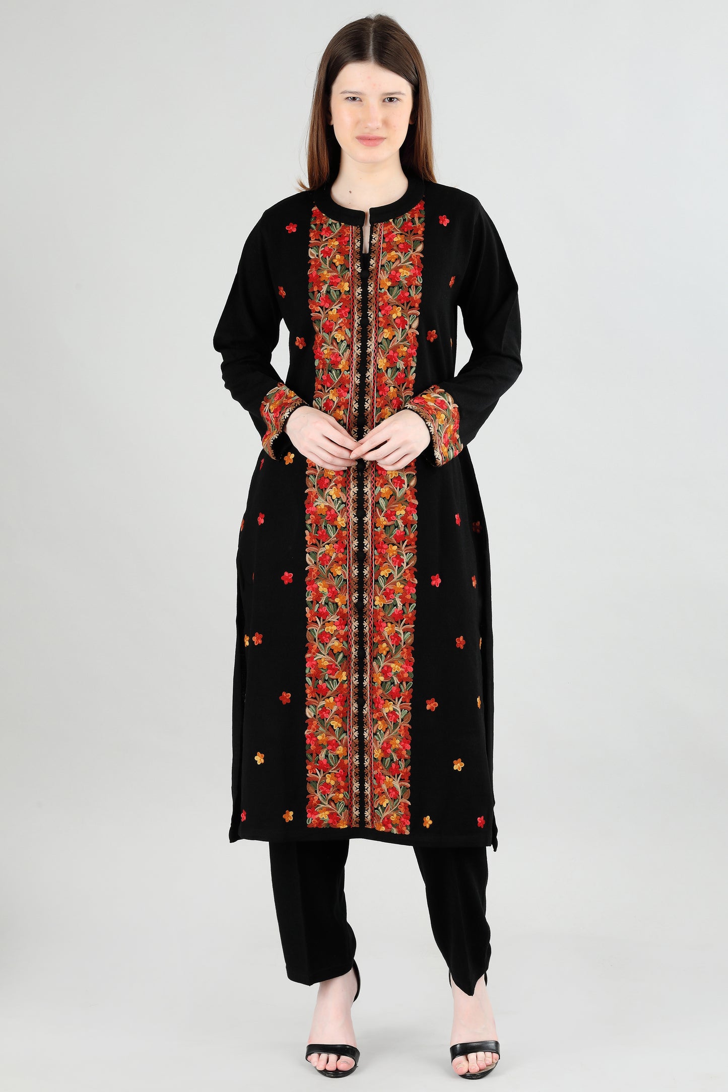 Black Embroidered Kurti with Floral Panel Design