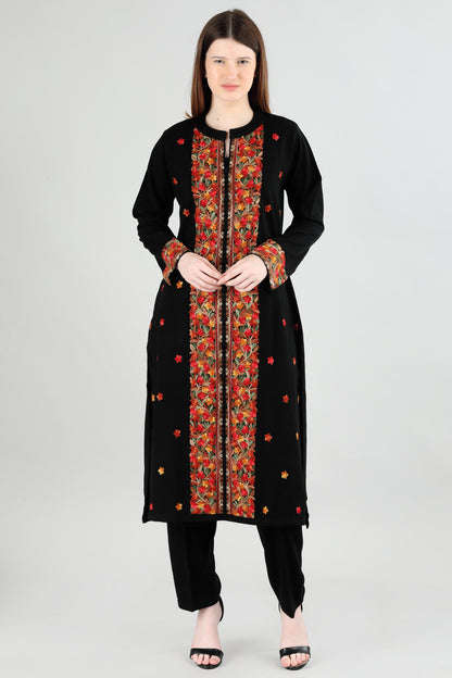 Black Embroidered Kurti with Floral Panel Design