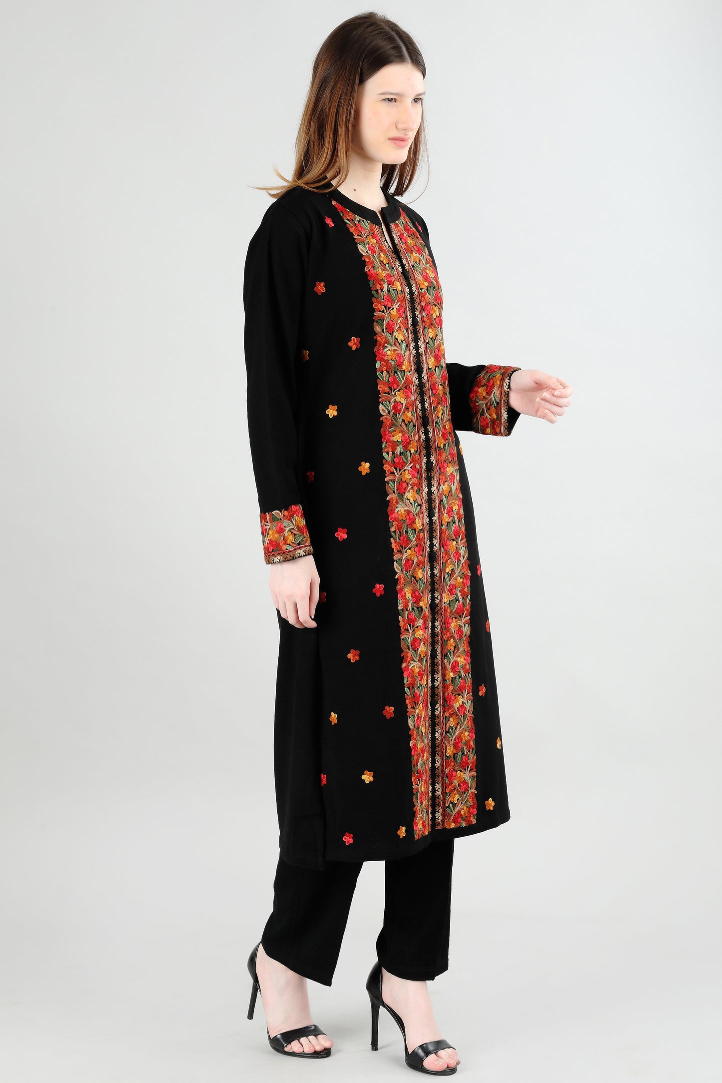 Black Embroidered Kurti with Floral Panel Design