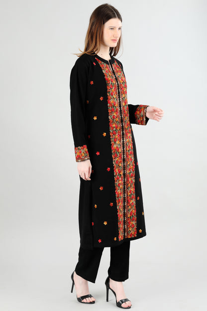 Black Embroidered Kurti with Floral Panel Design