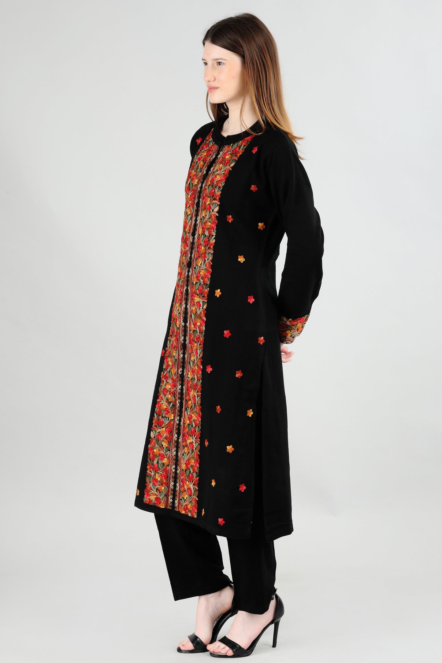 Black Embroidered Kurti with Floral Panel Design