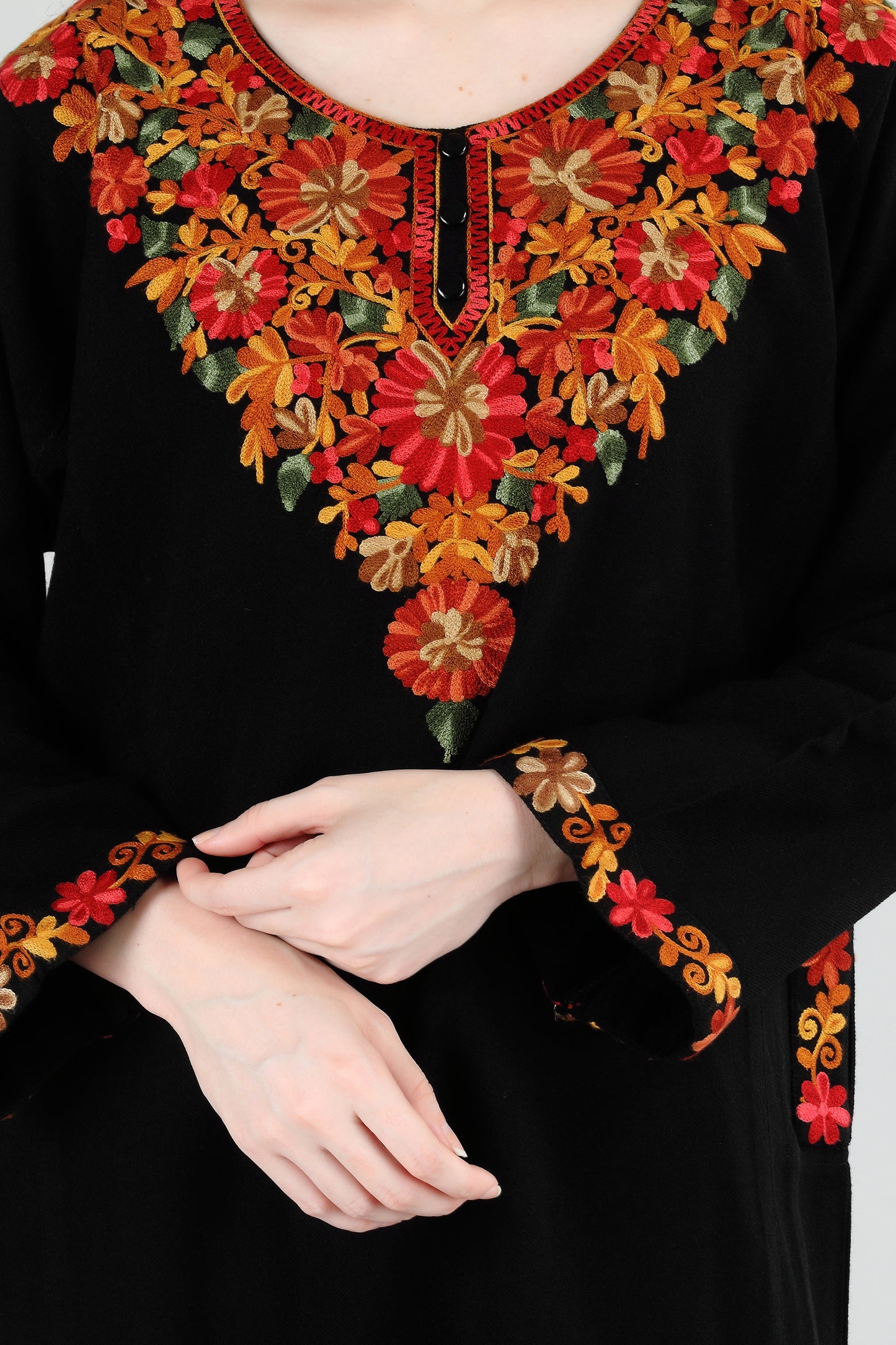 Black Embroidered Traditional Pheran with Floral Motifs