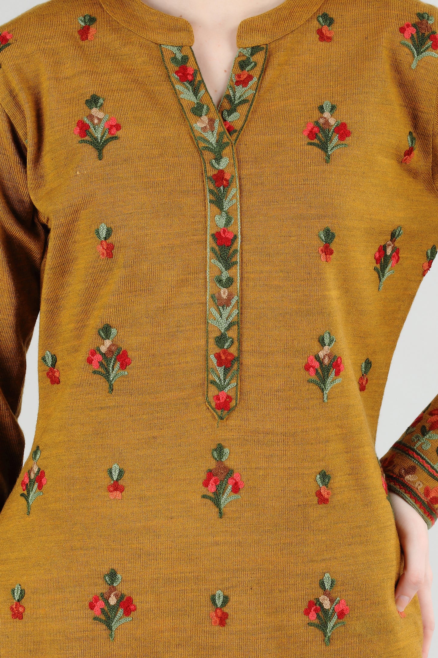 Mustard Yellow Embroidered Kurti Set with Floral Motifs