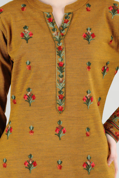 Mustard Yellow Embroidered Kurti Set with Floral Motifs