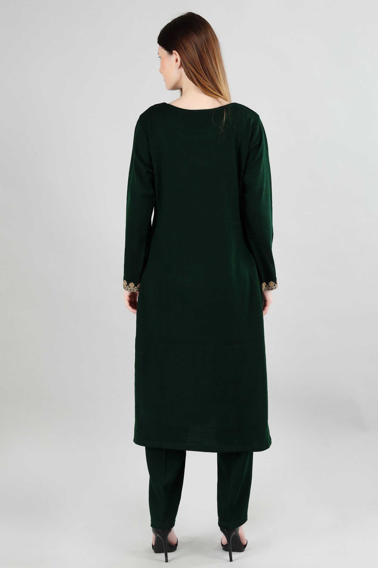Dark Green Luxury Embroidered Kurti Set with Gold Motifs