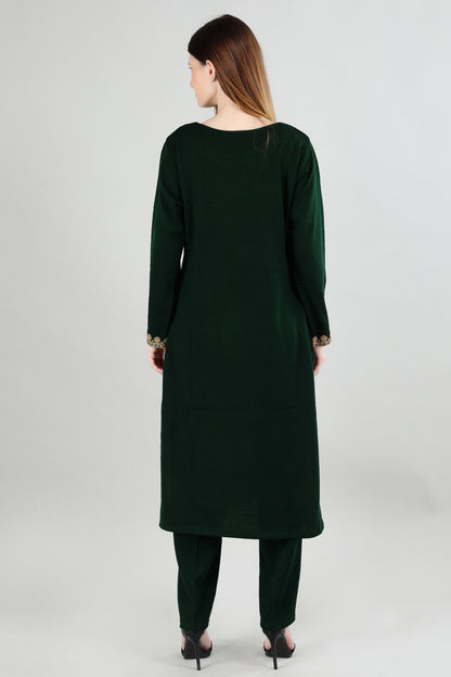 Dark Green Luxury Embroidered Kurti Set with Gold Motifs