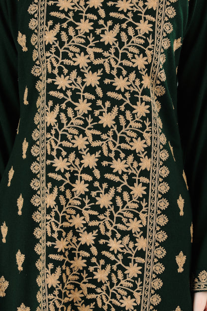Dark Green Luxury Embroidered Kurti Set with Gold Motifs