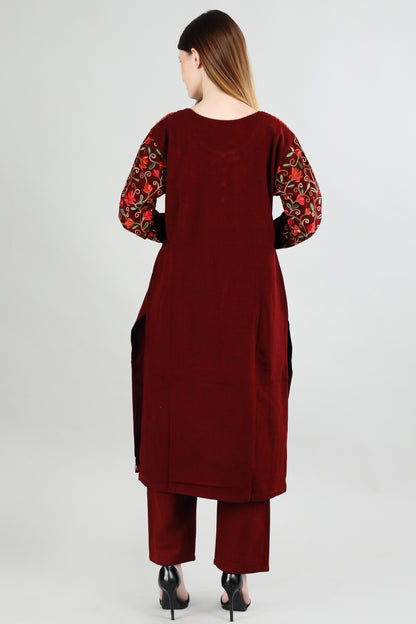 Maroon Floral Embroidered Kurti Set with Vibrant Motifs