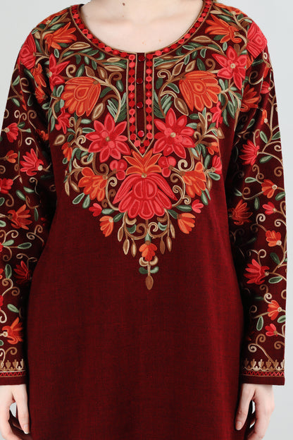 Maroon Floral Embroidered Kurti Set with Vibrant Motifs