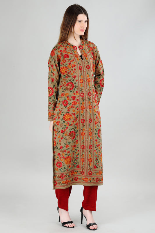 Beige Floral Embroidered Kurti Set with Red Contrast - Wholesale