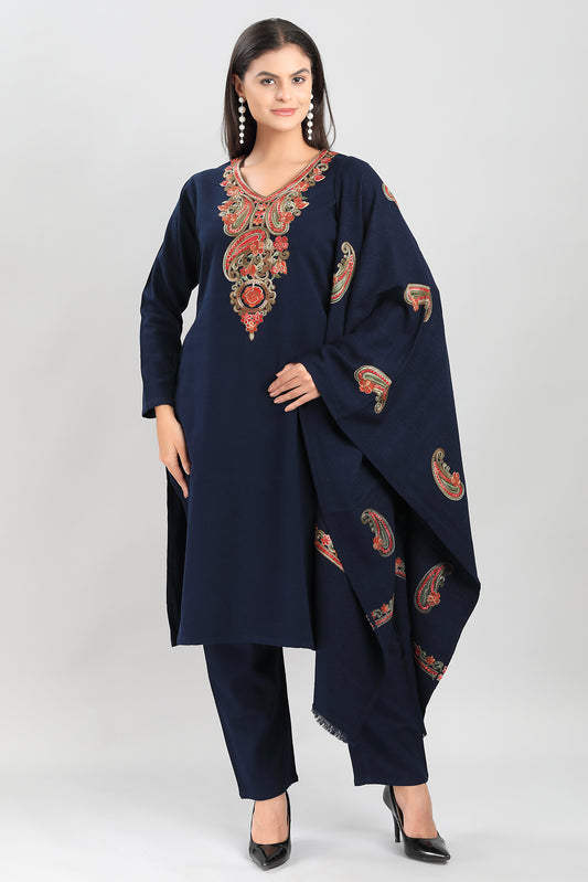 Elegant Navy Blue 3-Piece Suit Set with Traditional Paisley Embroidery
