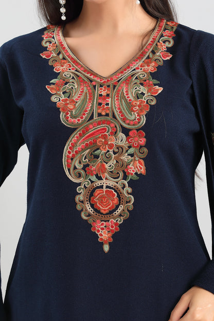 Elegant Navy Blue 3-Piece Suit Set with Traditional Paisley Embroidery