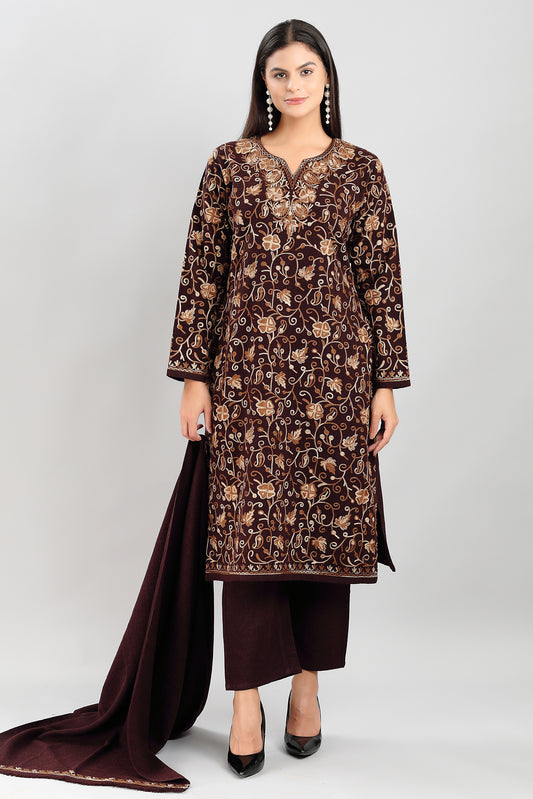 Elegant Brown 3-Piece Suit Set with Intricate Floral Embroidery