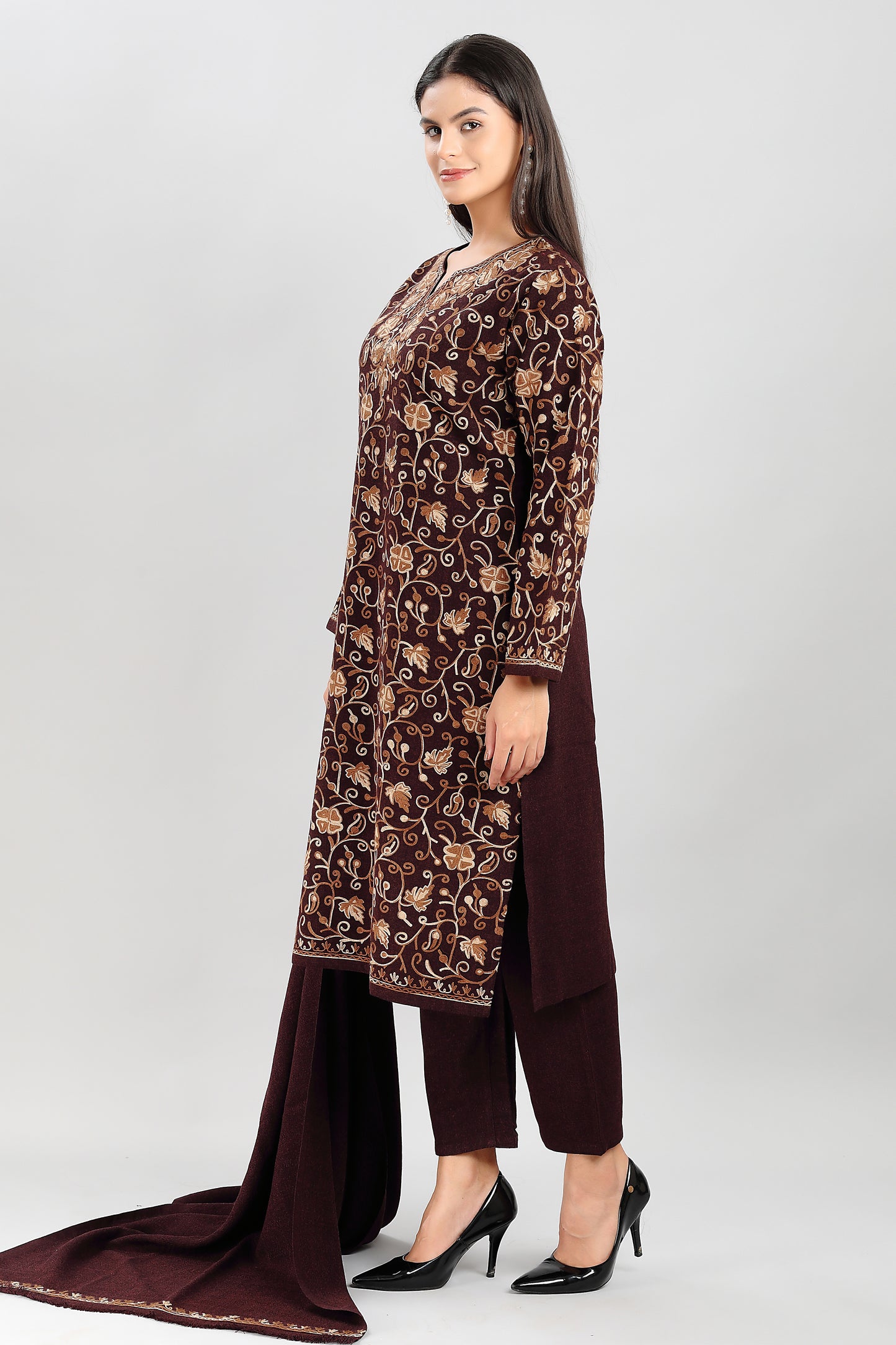 Elegant Brown 3-Piece Suit Set with Intricate Floral Embroidery
