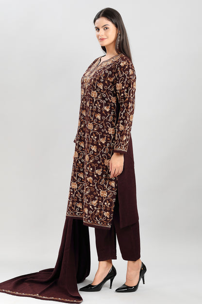 Elegant Brown 3-Piece Suit Set with Intricate Floral Embroidery