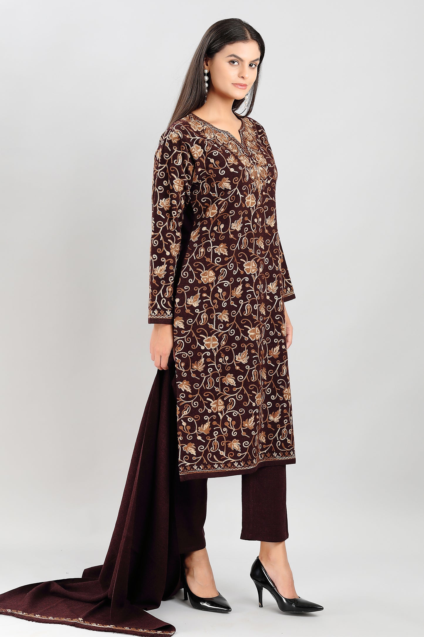 Elegant Brown 3-Piece Suit Set with Intricate Floral Embroidery