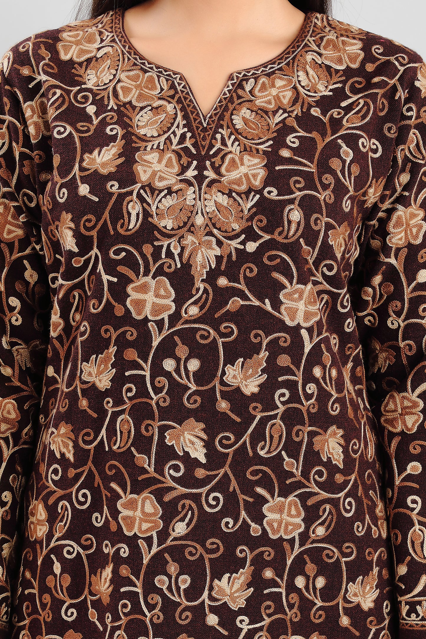 Elegant Brown 3-Piece Suit Set with Intricate Floral Embroidery