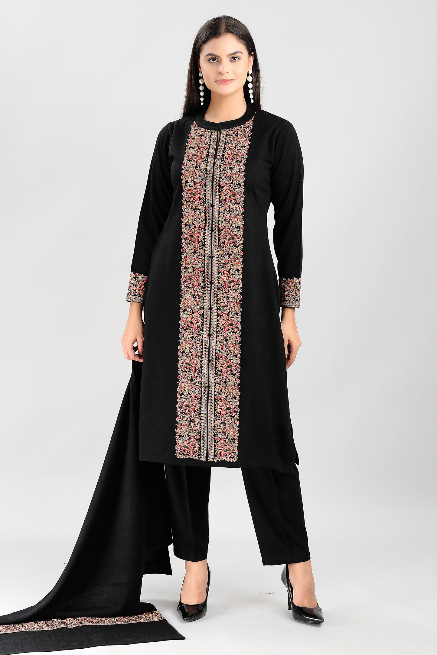 Elegant Black 3-Piece Suit Set with Multicolored Traditional Embroidery
