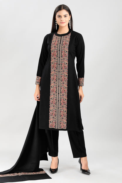 Elegant Black 3-Piece Suit Set with Multicolored Traditional Embroidery