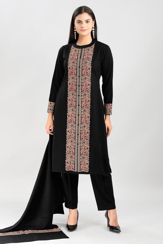 Elegant Black 3-Piece Suit Set with Multicolored Traditional Embroidery