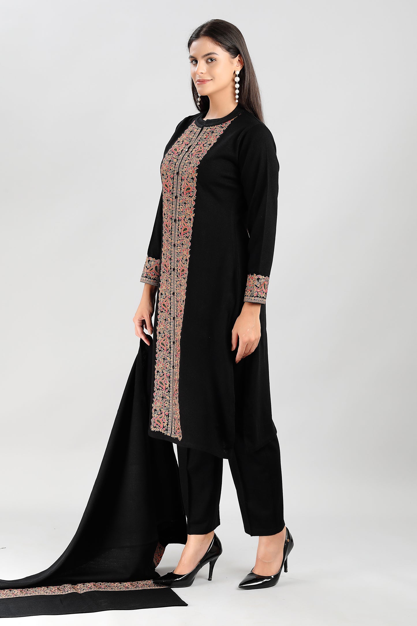 Elegant Black 3-Piece Suit Set with Multicolored Traditional Embroidery