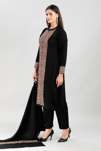 Elegant Black 3-Piece Suit Set with Multicolored Traditional Embroidery
