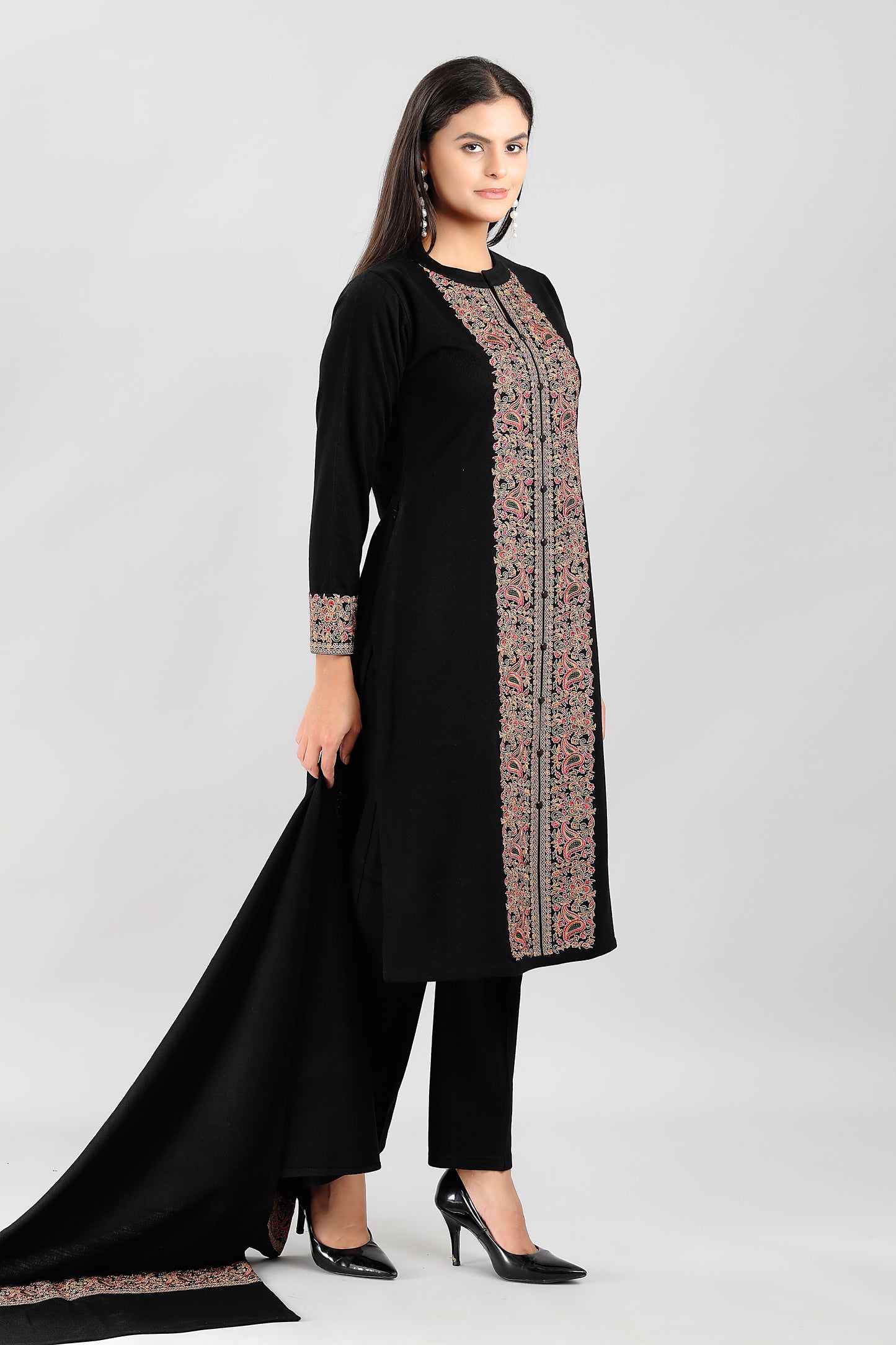Elegant Black 3-Piece Suit Set with Multicolored Traditional Embroidery