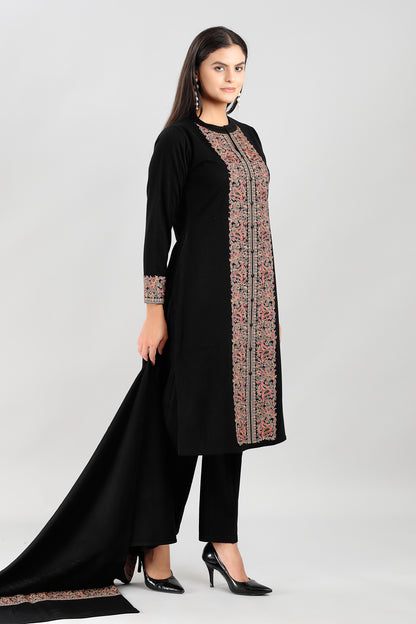 Elegant Black 3-Piece Suit Set with Multicolored Traditional Embroidery