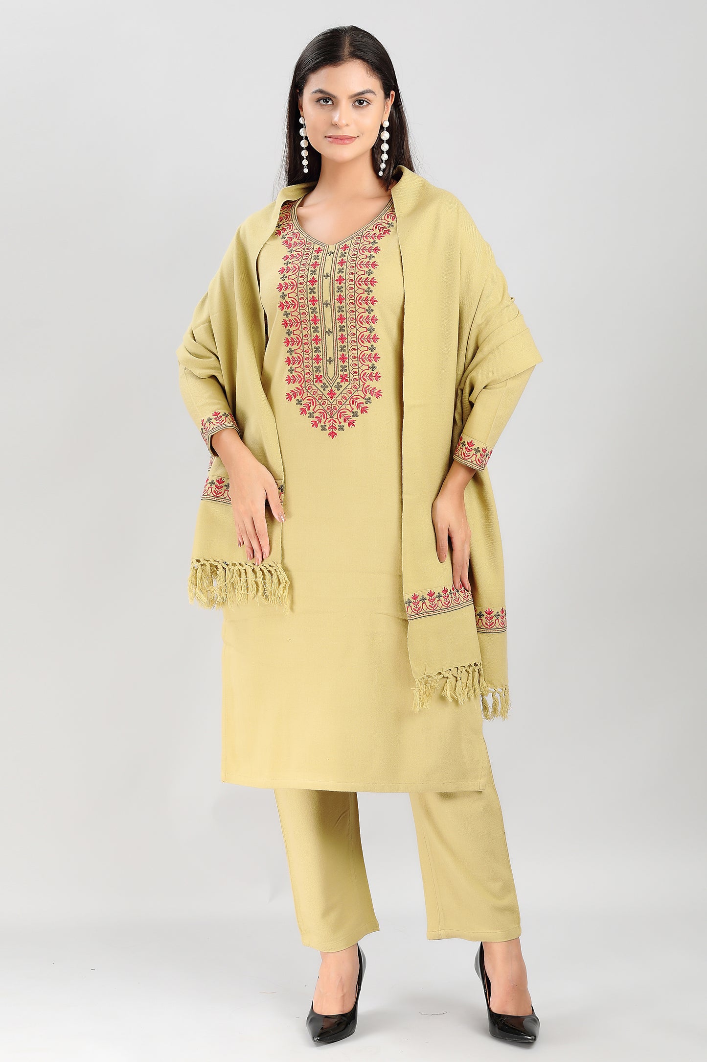 Elegant Mustard Yellow 3-Piece Suit Set with Traditional Red Embroidery