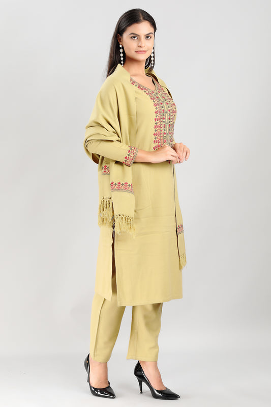 Elegant Mustard Yellow 3-Piece Suit Set with Traditional Red Embroidery