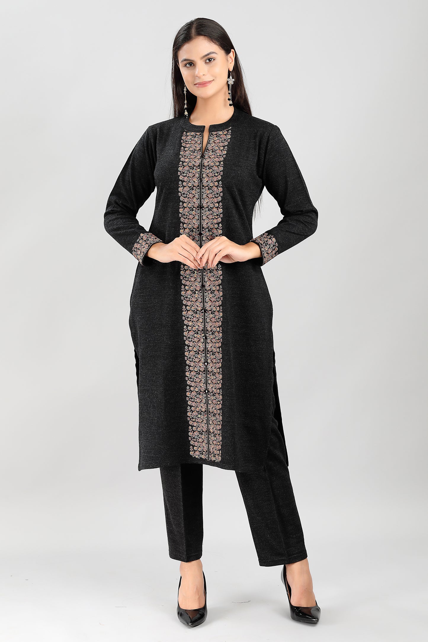 Elegant Charcoal Grey Kurti with Golden Embroidery
