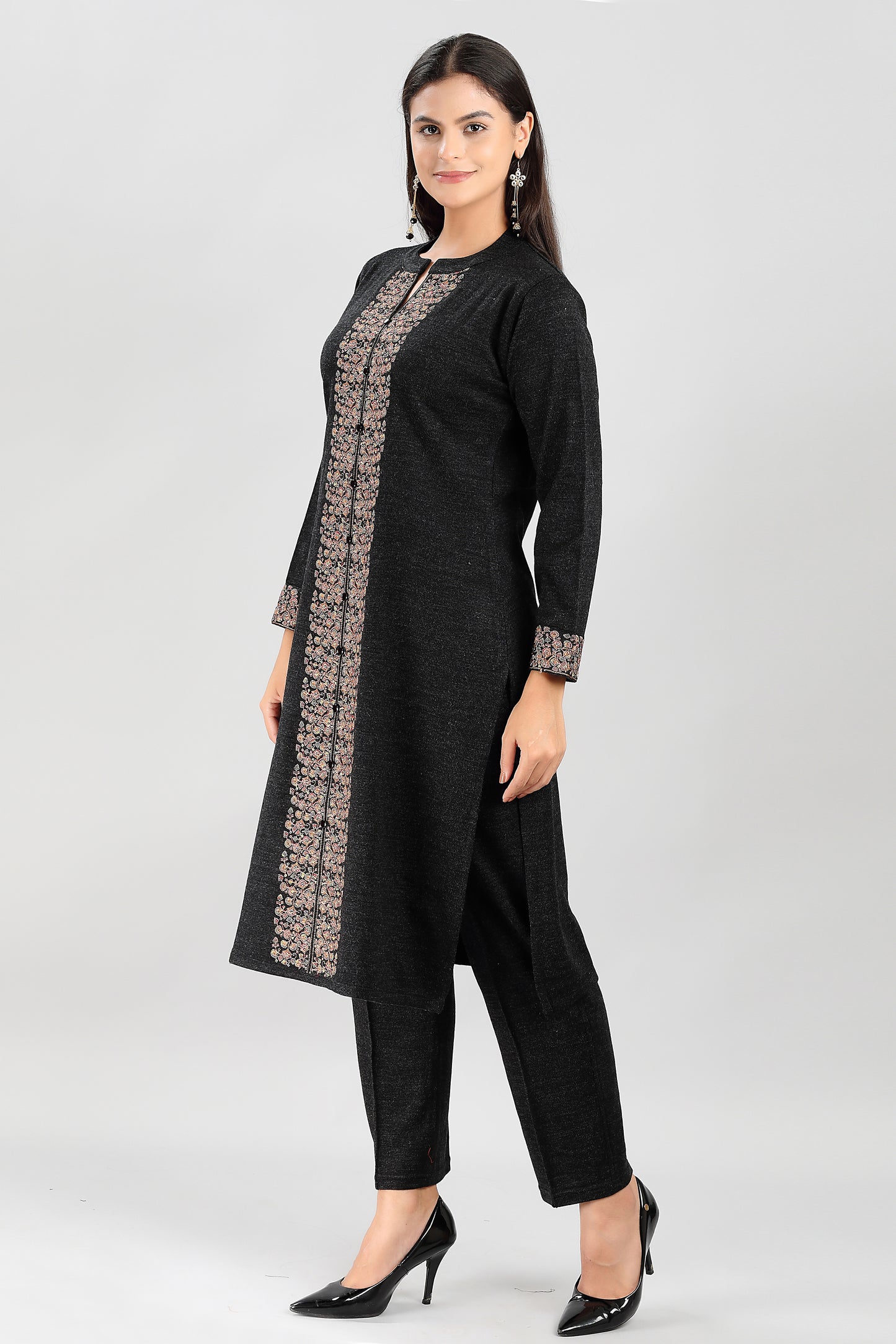 Elegant Charcoal Grey Kurti with Golden Embroidery