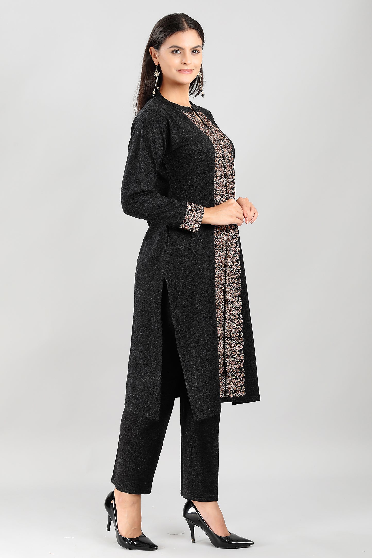 Elegant Charcoal Grey Kurti with Golden Embroidery